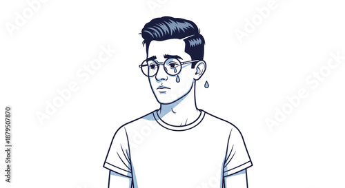 Sad young man with glasses and black hair crying with visible tears rolling down his cheeks on a white background.