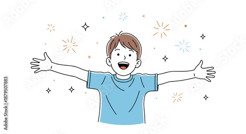 Joyful young boy in a blue t-shirt opening his arms wide with a big smile amidst festive sparkles and stars.