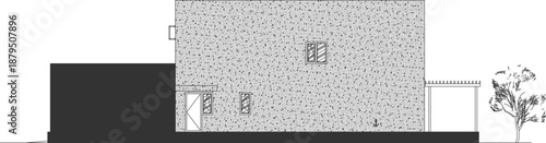 Technical vector of a longitudinal architectural cross-section, showing a two-story house with a basement, interior staircase, and an integrated garage featuring a luxury car silhouette.