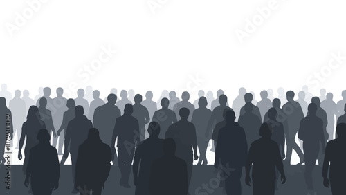 Diverse Crowd of Silhouetted People Walking Together Against a Bright White Background