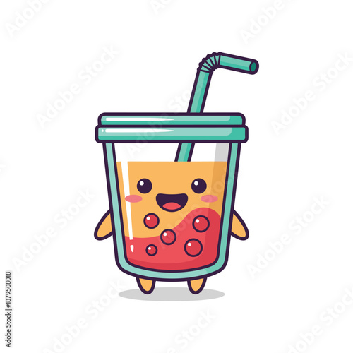 Cartoon bubble tea character with straw and smiling face