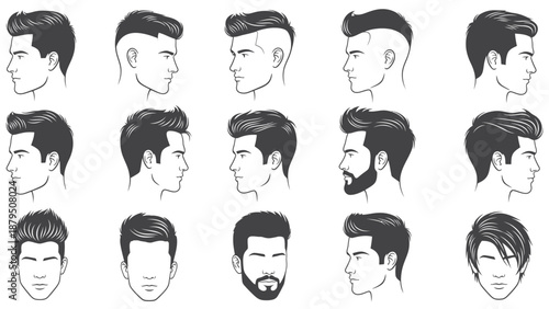 Collection of Modern Men's Hairstyles and Beards Vector Illustrations