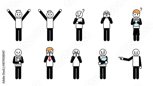Diverse set of stick figures showing various emotions and actions, vector illustrations