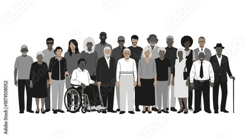 Diverse group of people of different ages, ethnicities, and abilities standing together