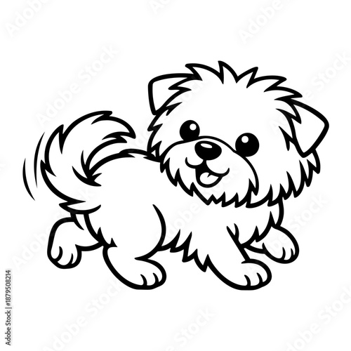 Cute running fluffy puppy dog in black and white outline chasing its tail