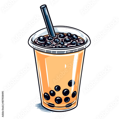 A refreshing bubble tea drink with tapioca pearls and a straw, presented in a clear plastic cup.