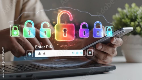 A person is shown using a smartphone and laptop with digital lock icons and a pin entry field displayed signifying data security
