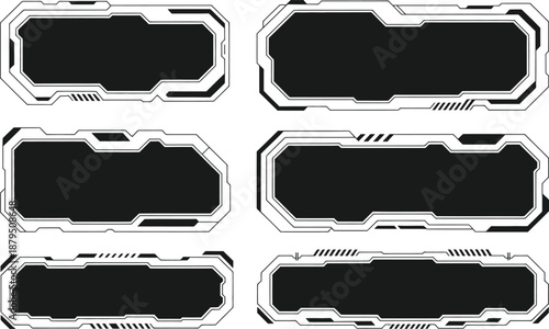 A collection of six futuristic black and white rectangular frames with detailed borders ideal for interface designs on transparent background high-quality professional modern elegant stylish