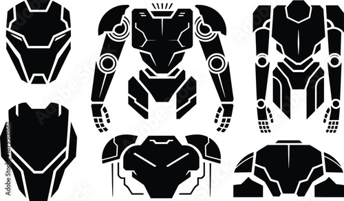 Futuristic black robotic armor set and sci-fi exo-suit parts with helmet, chest plate, and mechanical arm components isolated on white background