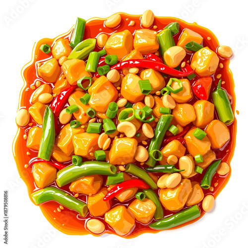 A top-down view of a delicious and spicy Kung Pao Tofu dish, garnished with peanuts and green onions.