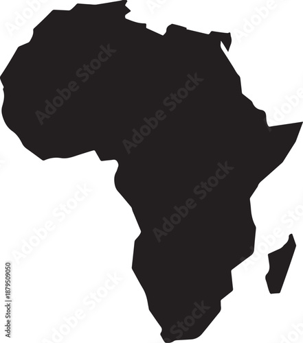 A simple black silhouette of the entire continent of Africa isolated on a white background