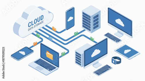 Conceptual illustration of cloud data storage system connecting various digital devices