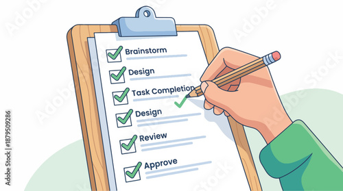 Checklist with tasks being marked off by a hand holding a pencil, representing project completion and organization