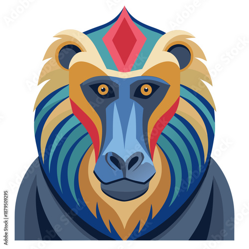 Colorful geometric mandrill head illustration on white background