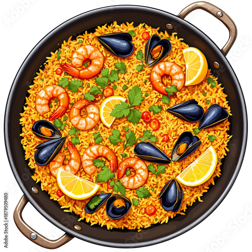 A vibrant overhead view of a delicious seafood paella dish in a traditional pan, garnished with lemon slices and fresh herbs.