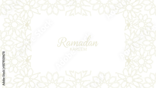 A warm welcome Ramadan greeting card with elegant floral patterns and soft gold text on a white background, conveying a peaceful and festive mood.