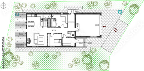 Detailed architectural site plan showing the house footprint, surrounding garden landscape with trees, paved driveway, and outdoor terrace areas