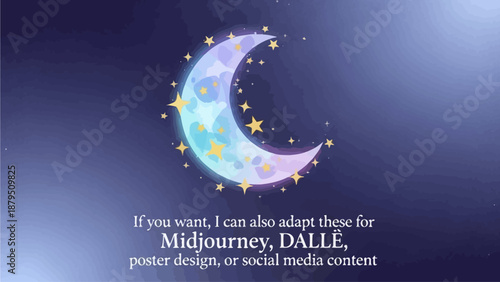 A serene crescent moon with stars shines brightly in a dark blue night sky, welcoming Ramadan with a celestial and peaceful mood.