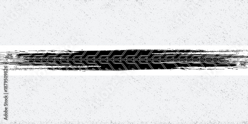 Grunge tire track, wheel braking marks. Truck, car or motorcycle tread pattern silhouette. Auto race, motorsport, speed racing design element. Vector illustration