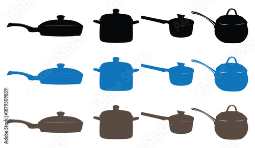 Collection of various cooking pots and pans in different colors for kitchen essentials
