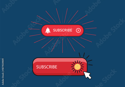 Red subscribe buttons with dynamic sunburst and cursor interaction.