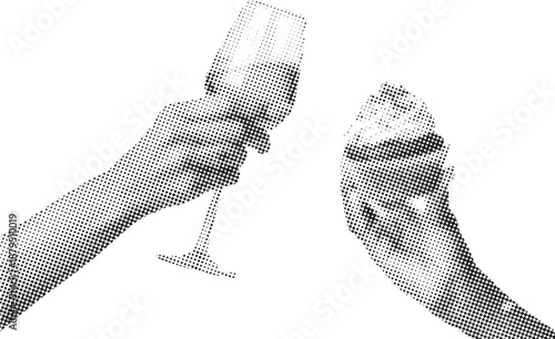 Halftone illustration of two hands clinking wine glasses in a celebratory toast. The black-and-white dotted texture creates a retro print and editorial style. Perfect for themes of celebration, cheers