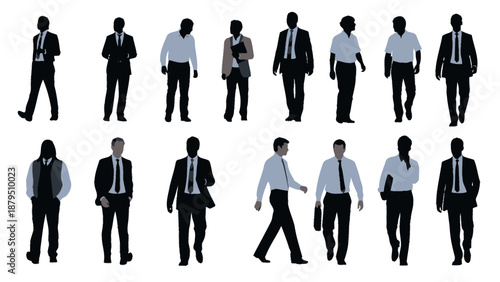 Diverse Group of Business Professionals in Suits and Casual Attire, Walking Isolated