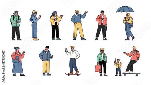 Diverse People in Modern Attire Interacting with Smartphones and Accessories