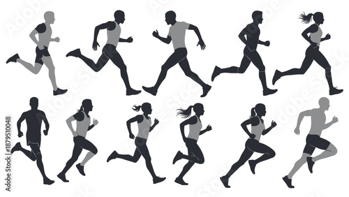 Diverse Group of Runners Silhouettes in Dynamic Motion for Sports and Fitness Concepts