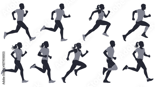 Diverse Silhouettes of Men and Women Running in Various Poses, Vector Illustration