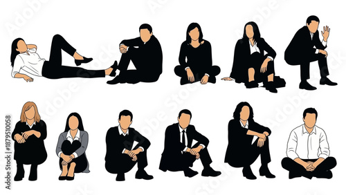 Diverse business people in silhouette, sitting in various relaxed poses and styles
