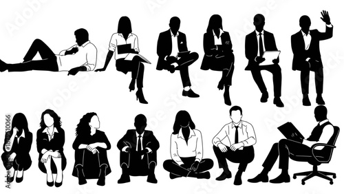 Diverse Business People Silhouettes in Various Poses, Sitting and Relaxing