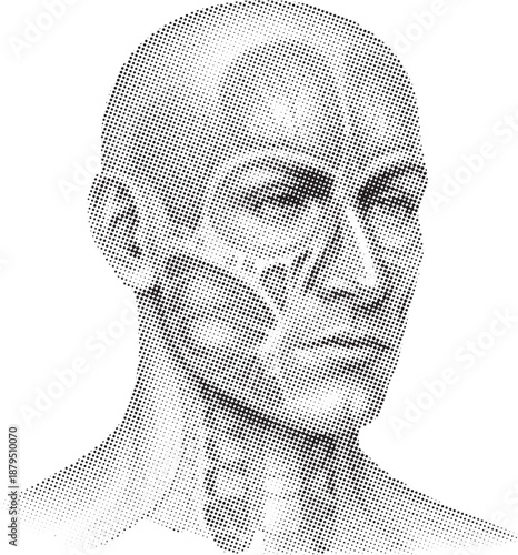 Halftone anatomical illustration of a human head showing facial muscles and underlying structure. The black-and-white dotted style gives a vintage medical and scientific look. Ideal for anatomy, 