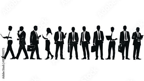 Diverse Team of Business People in Silhouette, Standing and Walking with Laptops and Briefcases