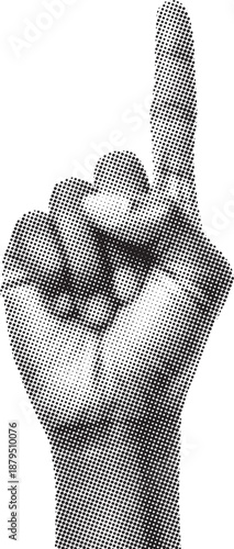 Black-and-white halftone illustration of a human hand showing the raised middle finger gesture. Detailed vintage-style hand pose with realistic texture and shading. Expressive symbolic gesture artwork