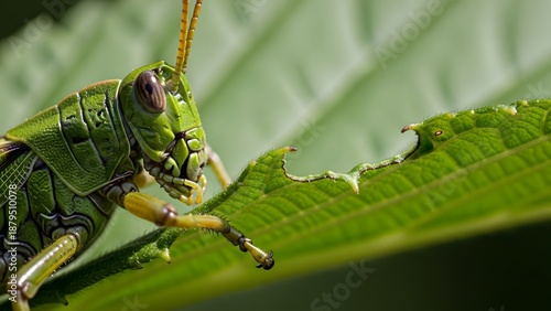Extreme close-up macro shot of grasshopper chewing leaf edge