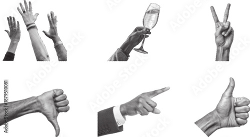 Hand gesture illustration set showing various arm and hand poses in black and white. Expressive human hand signals including pointing, thumbs up, thumbs down, stop, and peace sign. Vintage-style 
