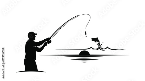 Fisherman reeling in a jumping fish at sunset, symbolizing a successful catch and outdoor recreation.