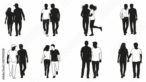 Diverse Couples Walking Together Hand in Hand and Arm in Arm, Vector Silhouettes