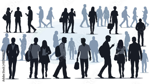 Diverse crowd of people walking and interacting in a modern urban setting