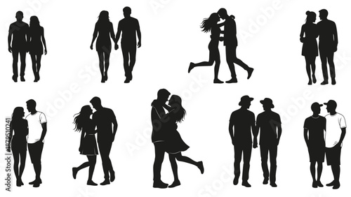 Silhouettes of Couples in Various Romantic Poses, Celebrating Love and Relationships