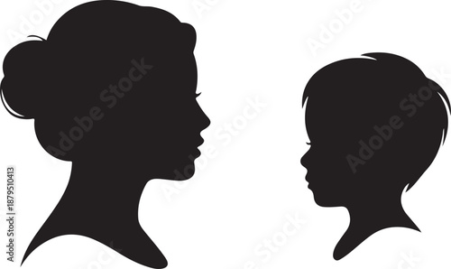 Two black silhouettes showing a mother and her young child facing each other in profile