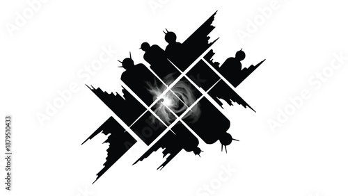 Abstract burst of light and energy with silhouetted figures radiating outwards