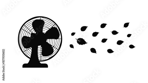 Black silhouette of a fan blowing leaves against a white background, symbolizing air movement and change.