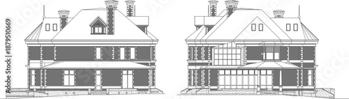 Technical vector illustration featuring two side elevations of a classic luxury mansion, showcasing dark brick facades, multiple chimneys, and elegant white window trims.