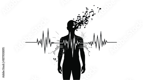 Silhouette of a person with musical notes and sound waves emanating, symbolizing creativity and auditory experience.
