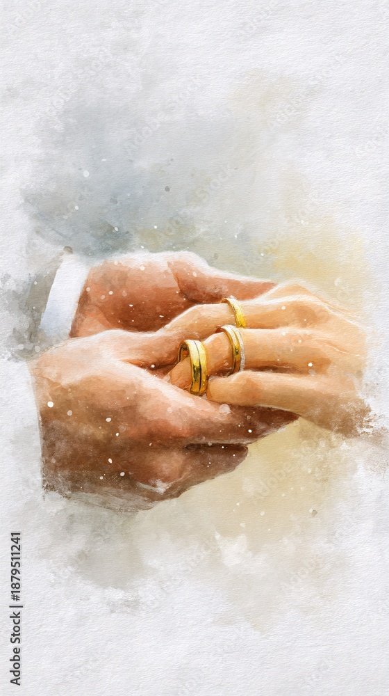 Fototapeta premium Hands Holding Wedding Rings in Romantic Watercolor Style Art