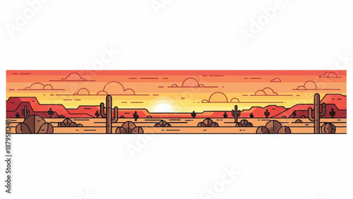 Panoramic view of a desert landscape at sunset with a wooden fence in the foreground and vibrant orange hues in the sky.