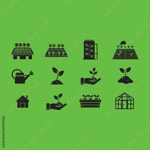 Agricultural Icons: Collection of graphical icons related to agriculture and growth. Symbolizing nature's processes and the tools involved in nurturing plant life.