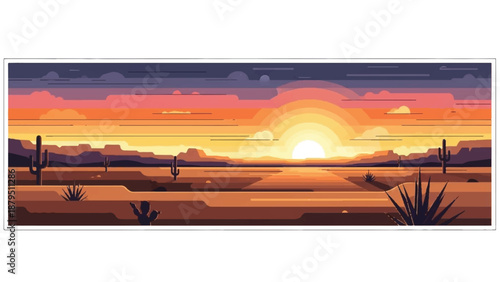 A vibrant desert sunset panorama with a bright orange and yellow sky, featuring silhouetted cacti and plants in the foreground, set against a warm and serene desert landscape.